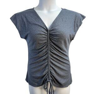 Max‎ Studio Center Ruched Drawstring Front Top Size L Womens Blue V Neck NWT